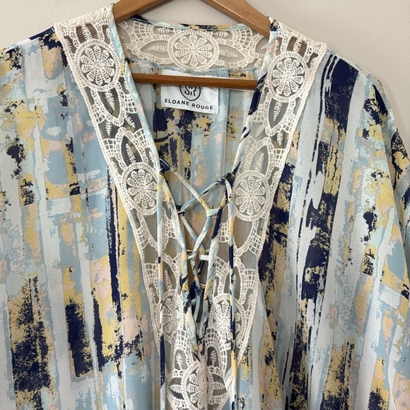 Anthropologie Sloane Rouge Abstract Patterned Kimono Lace Detail Sleeves M/L - Picture 2 of 8